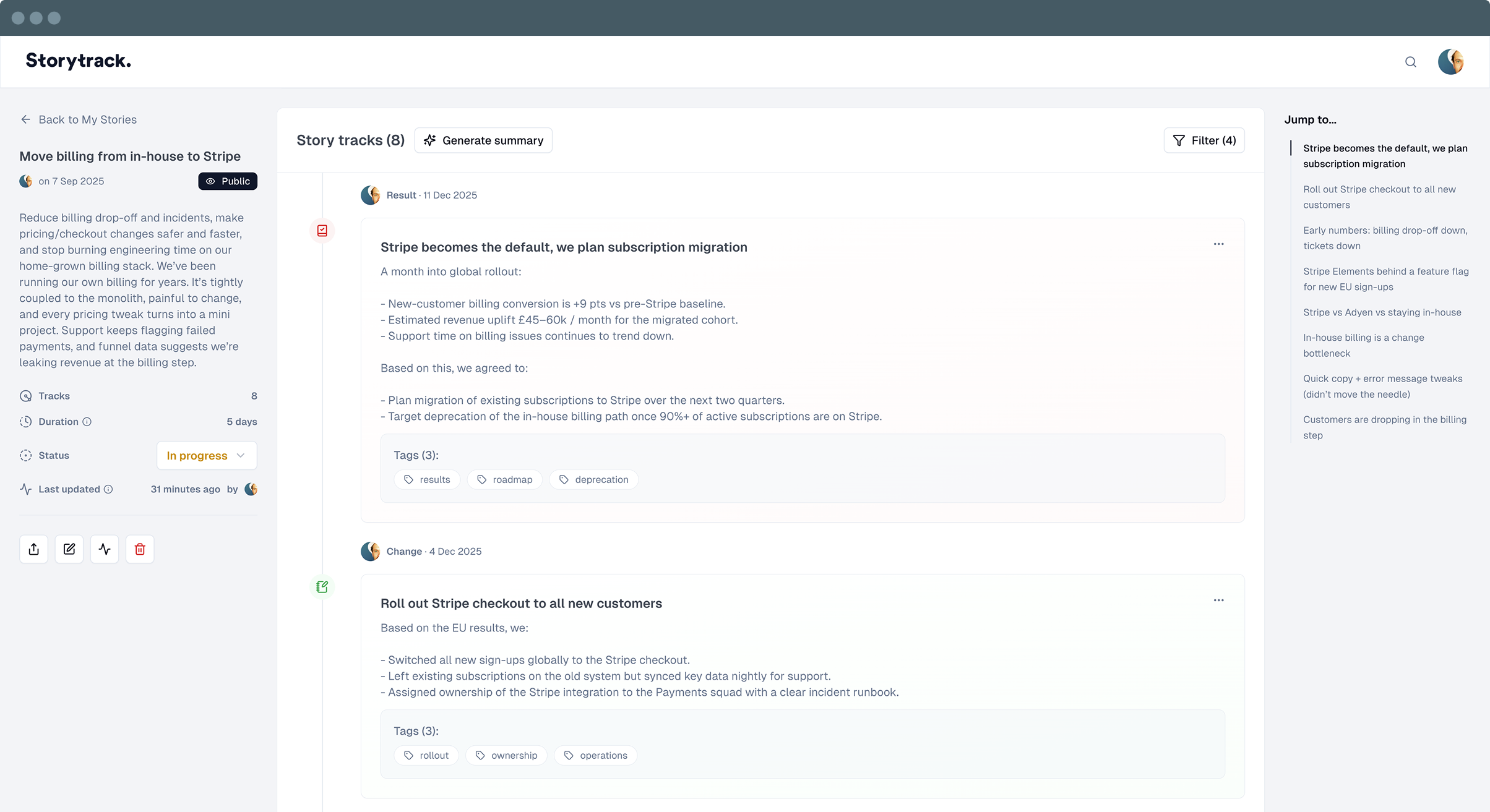 Storytrack decision clarity layer showing a timeline of product decisions